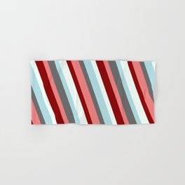 [ Thumbnail: Powder Blue, Dim Gray, Light Coral, Dark Red & Mint Cream Colored Stripes/Lines Pattern Hand & Bath Towel ]