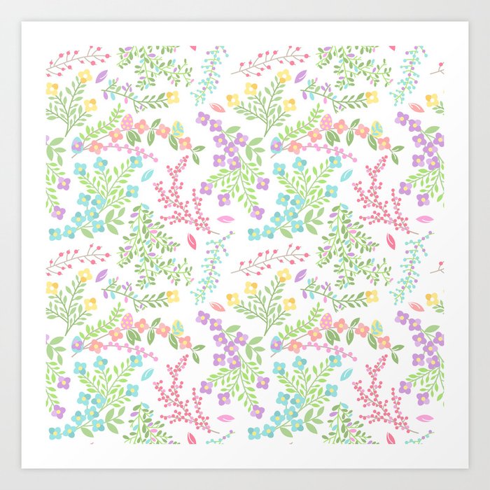Colorful Easter Flower Pattern - Purple, Pink Green, Blue and Yellow Art Print