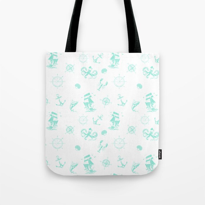 Mint Blue Silhouettes Of Vintage Nautical Pattern Tote Bag