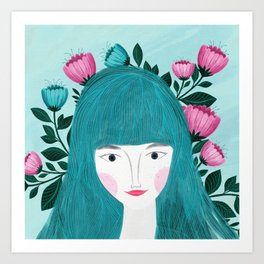 blue hair woman portrait with blue and pink flowers illustration Art Print