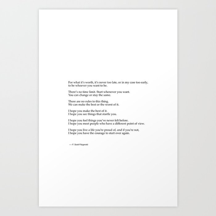 For What It's Worth By F Scott Fitzgerald 4 #minimalism #poem Art Print