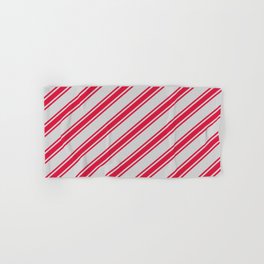 [ Thumbnail: Light Grey & Crimson Colored Striped Pattern Hand & Bath Towel ]