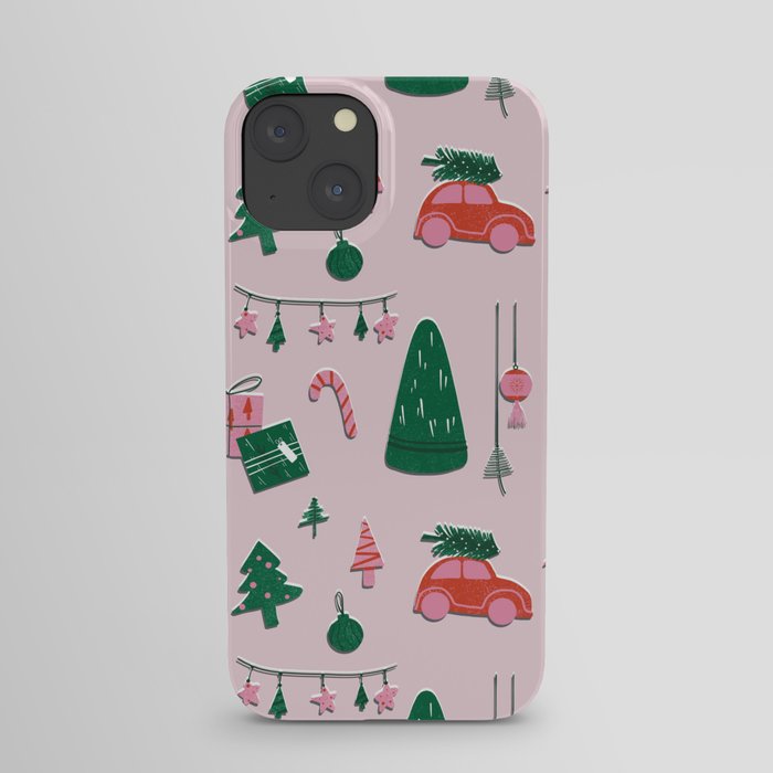 Very Christmas Pattern with green tree, red car, lights, gifts, and ornaments iPhone Case