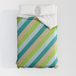 [ Thumbnail: Tan, Green, Light Blue, and Dark Cyan Colored Stripes Pattern Comforter ]