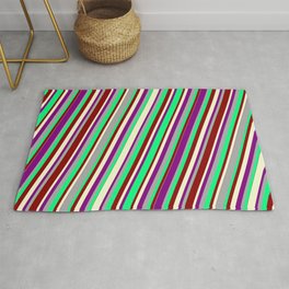 [ Thumbnail: Colorful Dark Gray, Green, Dark Red, Light Yellow, and Purple Colored Lined/Striped Pattern Rug ]