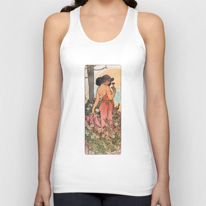 Alphonse Mucha Brunette Girl In The Forest With Pink Dress And Flowers Tank Top