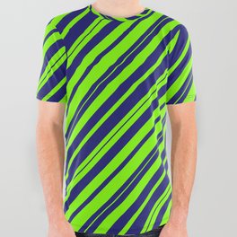 [ Thumbnail: Chartreuse & Midnight Blue Colored Striped/Lined Pattern All Over Graphic Tee ]