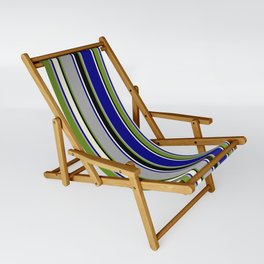 [ Thumbnail: Green, Dark Gray, Blue, Beige, and Black Colored Lined Pattern Sling Chair ]