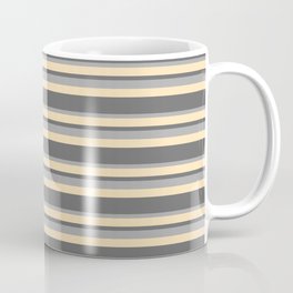 [ Thumbnail: Dim Grey, Dark Grey, and Beige Colored Stripes Pattern Coffee Mug ]