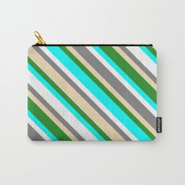[ Thumbnail: Colorful Grey, Tan, Forest Green, Aqua & White Colored Pattern of Stripes Carry-All Pouch ]
