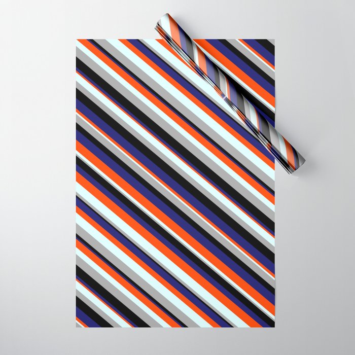 Eye-catching Red, Light Cyan, Dark Grey, Black, and Midnight Blue Colored Stripes Pattern Wrapping Paper