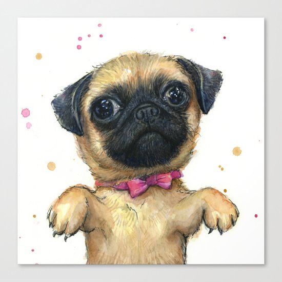 Cute Pug Puppy Dog Watercolor Painting Canvas Print