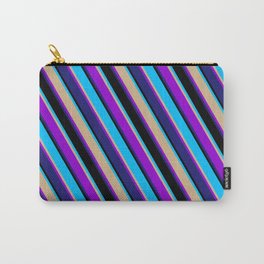[ Thumbnail: Eyecatching Deep Sky Blue, Tan, Dark Violet, Midnight Blue, and Black Colored Lines Pattern Carry-All Pouch ]