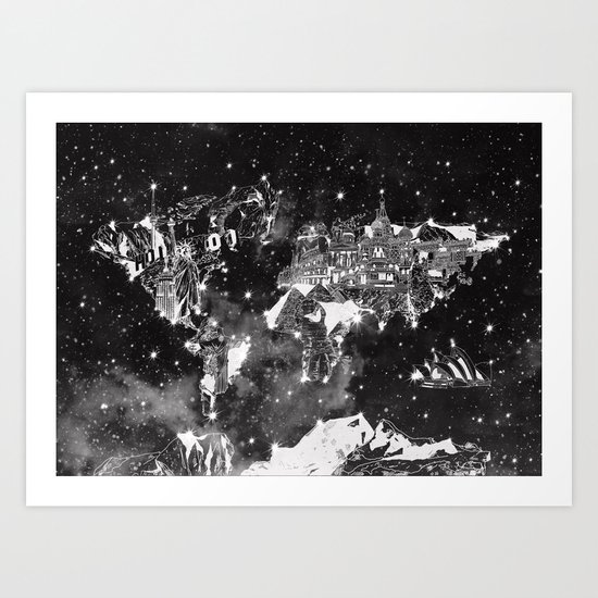 world map galaxy black and white Art Print