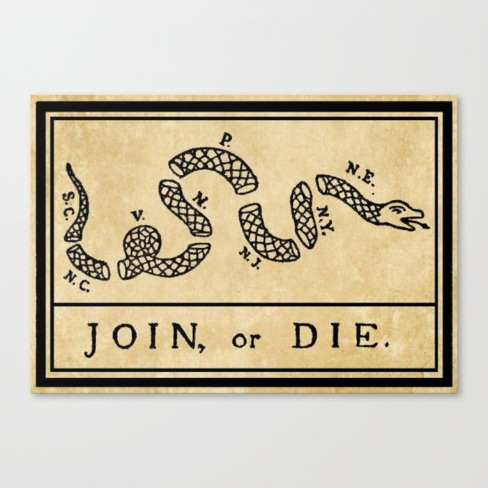 1776 "Join, or Die" Revolutionary War flag with 13 colonies, snake & no colors by Benjamin Franklin Canvas Print