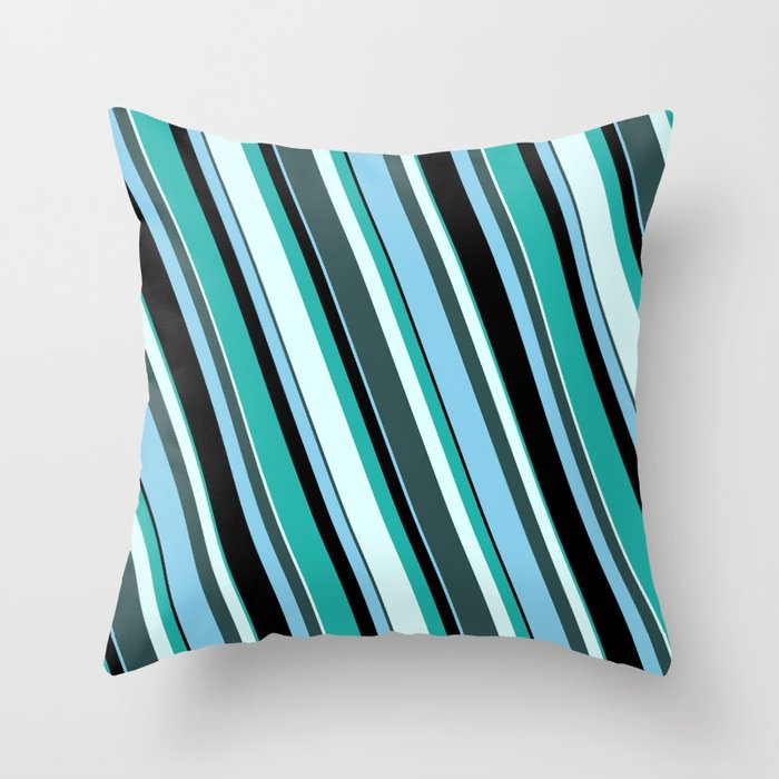 Light Sea Green, Light Cyan, Dark Slate Gray, Sky Blue, and Black Colored Striped/Lined Pattern Throw Pillow
