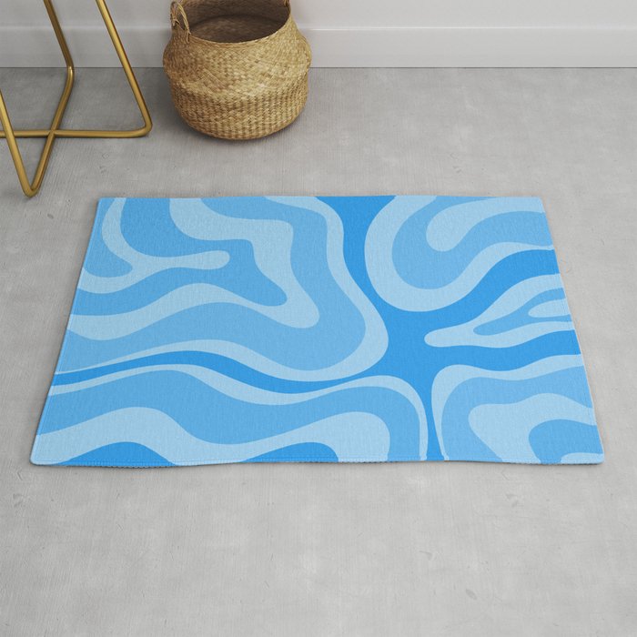 Modern Retro Liquid Swirl Abstract Pattern in Light Blue and Sky Blue Rug