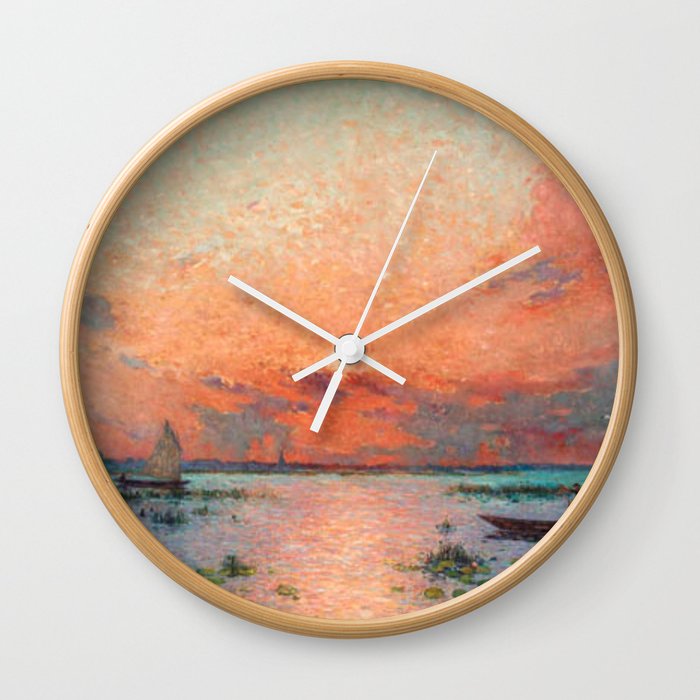 Fishing Boats at Dawn; Salt Ponds and Barrier Beach seascape - landscape nautical painting by Ferdinand Loyen du Puigaudeau  Wall Clock