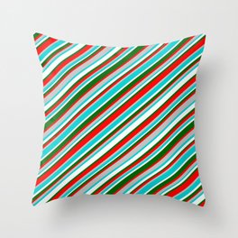 [ Thumbnail: Vibrant Red, Grey, Dark Turquoise, Mint Cream, and Dark Green Colored Striped/Lined Pattern Throw Pillow ]