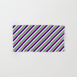 [ Thumbnail: Beige, Sea Green, Hot Pink, and Dark Blue Colored Lines/Stripes Pattern Hand & Bath Towel ]