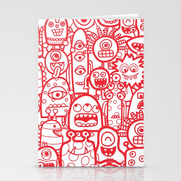 Cute Aliens and Monsters Red White Pattern Stationery Cards