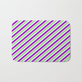 [ Thumbnail: Pink, Light Green, White & Dark Violet Colored Stripes Pattern Bath Mat ]