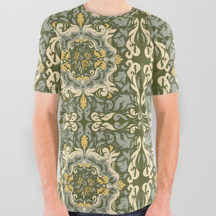 Green Abstract Leaves Garden Vintage Geometry  All Over Graphic Tee