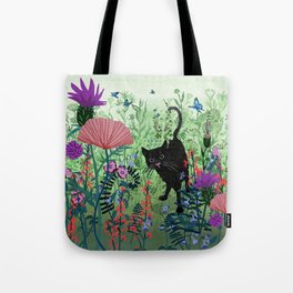 Black Cat in Garden Tote Bag