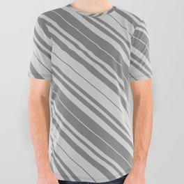 [ Thumbnail: Gray & Light Grey Colored Lined Pattern All Over Graphic Tee ]
