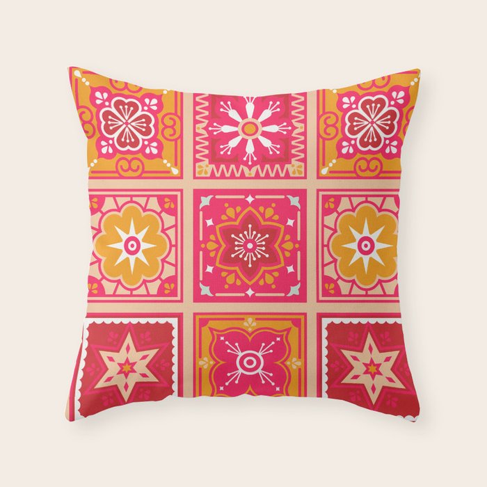 Talavera Mexican Tile Hot Pink & Orange Palette Throw Pillow by Cat