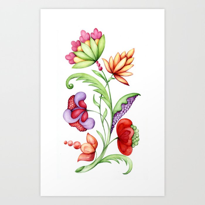 Elegant fantasy plant with different flowers isolated on white background Art Print | Drawing, Colored-pencil, Watercolor, Plants, Flora, Flowers, Bright, Summer, Spring, Baroque