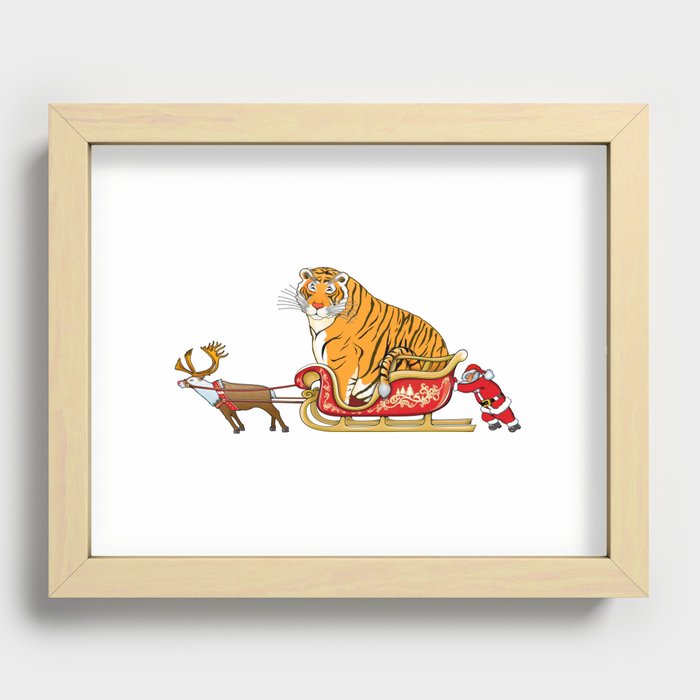Meme fat tiger in Santa's sleigh / Year of the Tiger /New Year 2022/ Tiger 2022 Recessed Framed Print