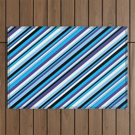 [ Thumbnail: Deep Sky Blue, Dark Slate Blue, Mint Cream, Light Sky Blue, and Black Colored Lines Pattern Outdoor Rug ]