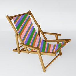 [ Thumbnail: Chocolate, Light Pink, Medium Slate Blue, and Forest Green Colored Stripes/Lines Pattern Sling Chair ]