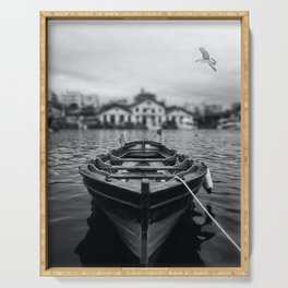 Ships in the blue harbor with seagull portrait black and white photograph / photography Serving Tray