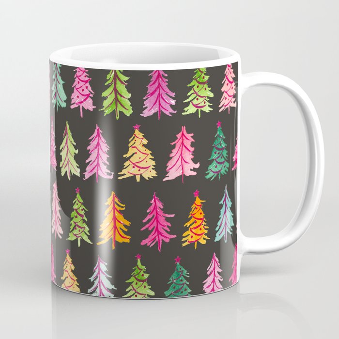 Colorful Vintage Bottlebrush Christmas Trees on Black Coffee Mug