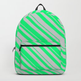 [ Thumbnail: Green & Light Gray Colored Striped/Lined Pattern Backpack ]