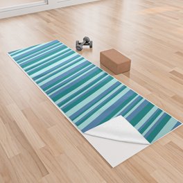 [ Thumbnail: Turquoise, Teal, and Blue Colored Lined/Striped Pattern Yoga Towel ]