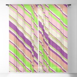 [ Thumbnail: Eye-catching Light Yellow, Purple, Light Salmon, Green & Light Pink Colored Stripes Pattern Sheer Curtain ]