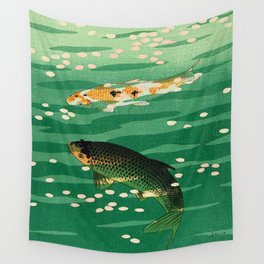 Vintage Japanese Woodblock Print Asian Art Koi Pond Fish Turquoise Green Water Cherry Blossom Wall Tapestry