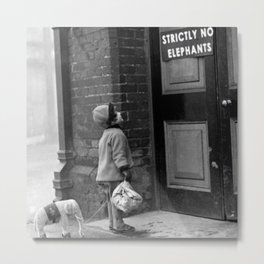 'Strictly No Elephants' vintage humorous child verses the world black and white photograph / black and white photography Metal Print