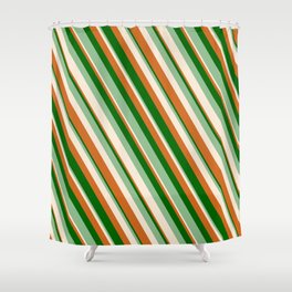 [ Thumbnail: Chocolate, Dark Green, Dark Sea Green & Beige Colored Lines Pattern Shower Curtain ]