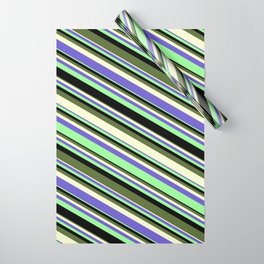 [ Thumbnail: Eye-catching Green, Black, Dark Olive Green, Light Yellow, and Slate Blue Colored Stripes Pattern Wrapping Paper ]