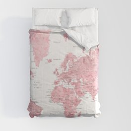 Light pink, muted pink and dusty pink watercolor world map with cities Comforter