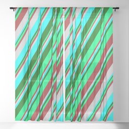 [ Thumbnail: Colorful Brown, Light Grey, Cyan, Dark Green, and Green Colored Stripes Pattern Sheer Curtain ]