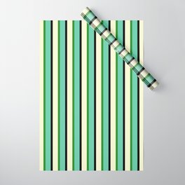 [ Thumbnail: Light Yellow, Forest Green, Aquamarine & Black Colored Striped Pattern Wrapping Paper ]