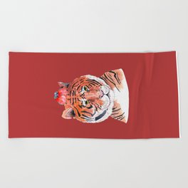 Chinese Lunar New Year Tiger with Love Couple of Bullfinches Beach Towel