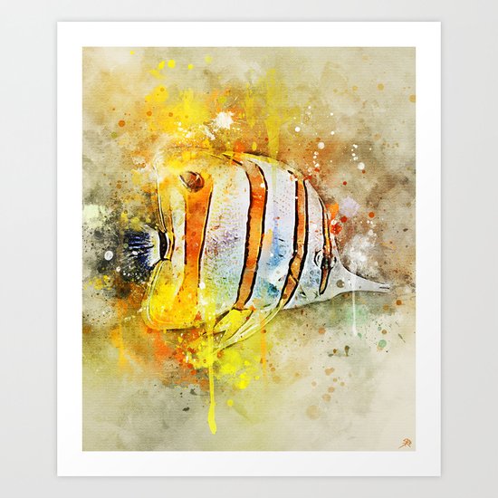 Yellow Butterfly Fish Painted In Bursting Watercolor Art Print By