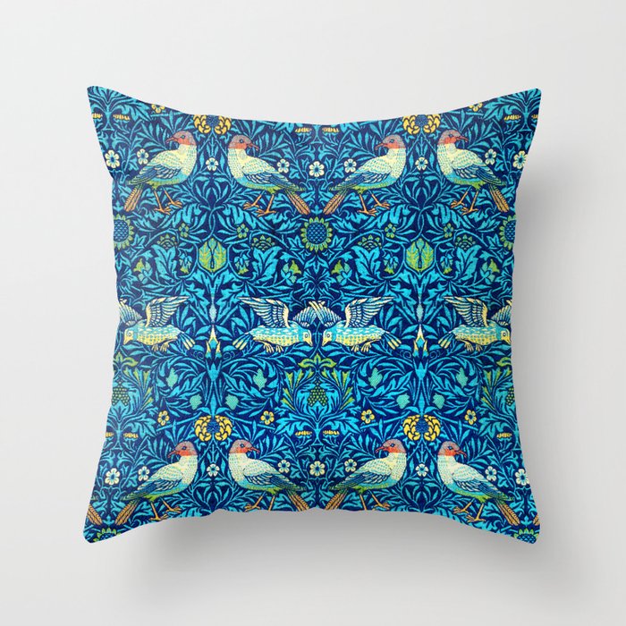 Vintage William Morris Birds Blue Floral Throw Pillow