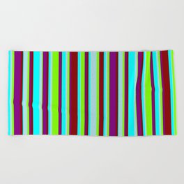 [ Thumbnail: Cyan, Powder Blue, Chartreuse, Purple & Dark Red Colored Lines/Stripes Pattern Beach Towel ]